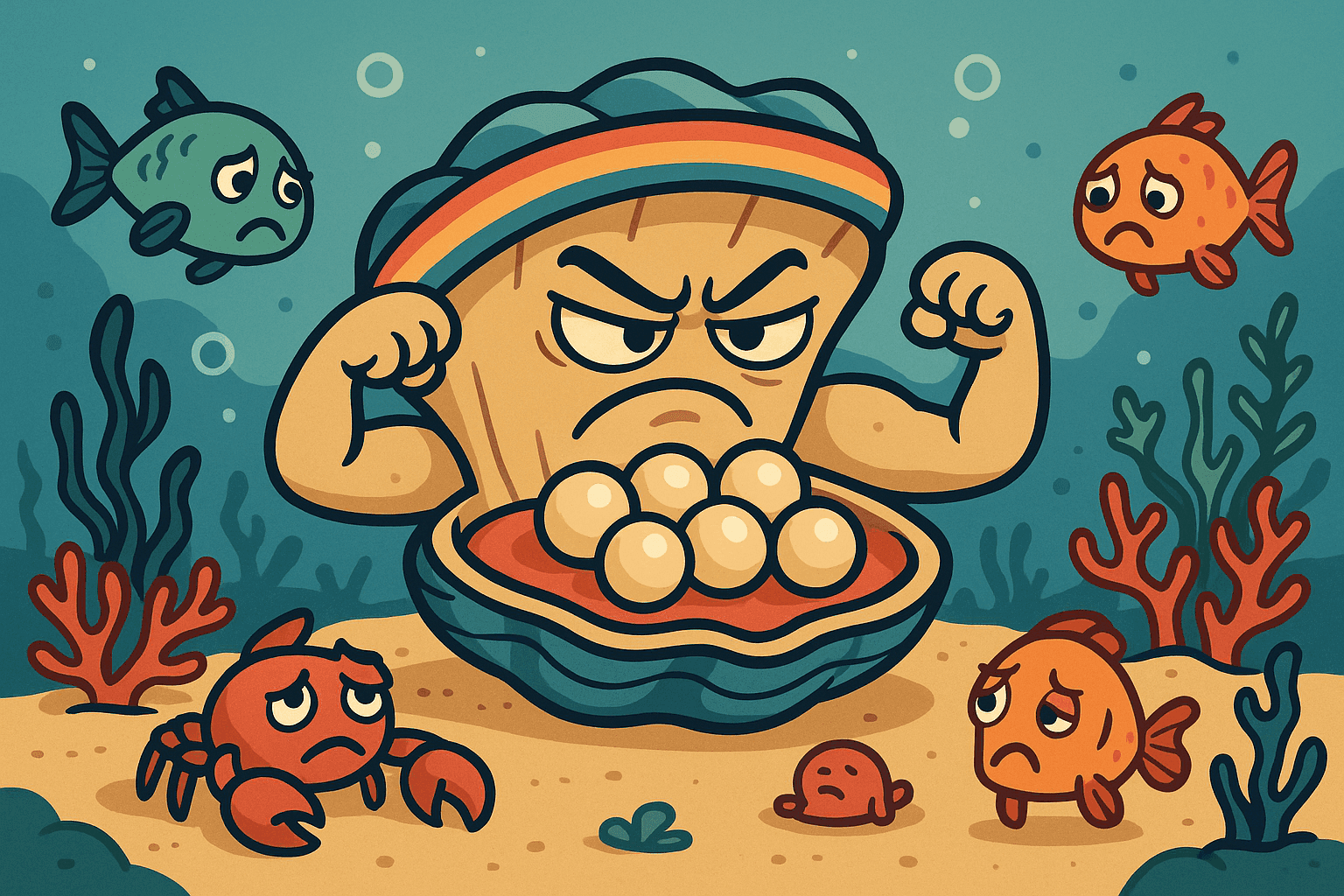 A cartoon oyster with a greedy expression tightly clutching beautiful pearls inside its shell, while other sea creatures look on hopefully but disappointed in an underwater scene