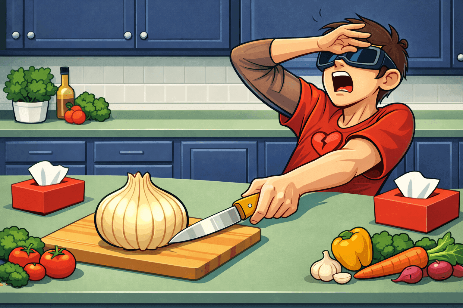 A cartoon person cutting an onion while keeping emotional distance