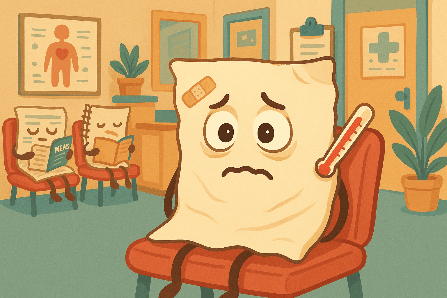 Cartoon illustration of a worried piece of paper sitting in a doctor's office waiting room, with a thermometer in its corner and a small bandage. Other paper characters read magazines in the background. The art style is playful and family-friendly with colors #F4F1DE, #3D405B, #81B29A, #F2CC8F, and #F93939