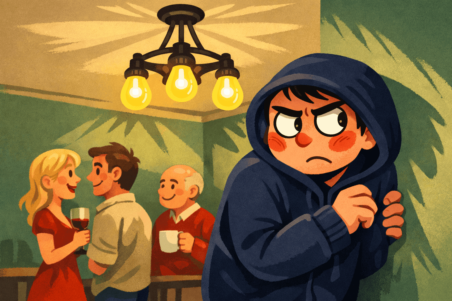 A cartoon person looking suspicious near a light fixture