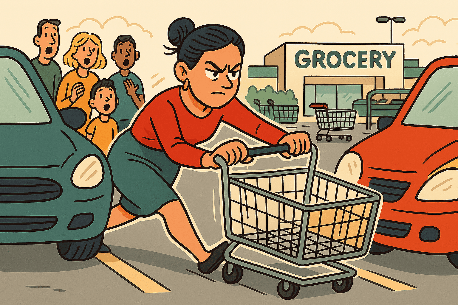 A cartoon mama character with intense concentration perfectly maneuvering a shopping cart into an impossibly tight parallel parking space between two cars in a grocery store parking lot, with amazed onlookers watching