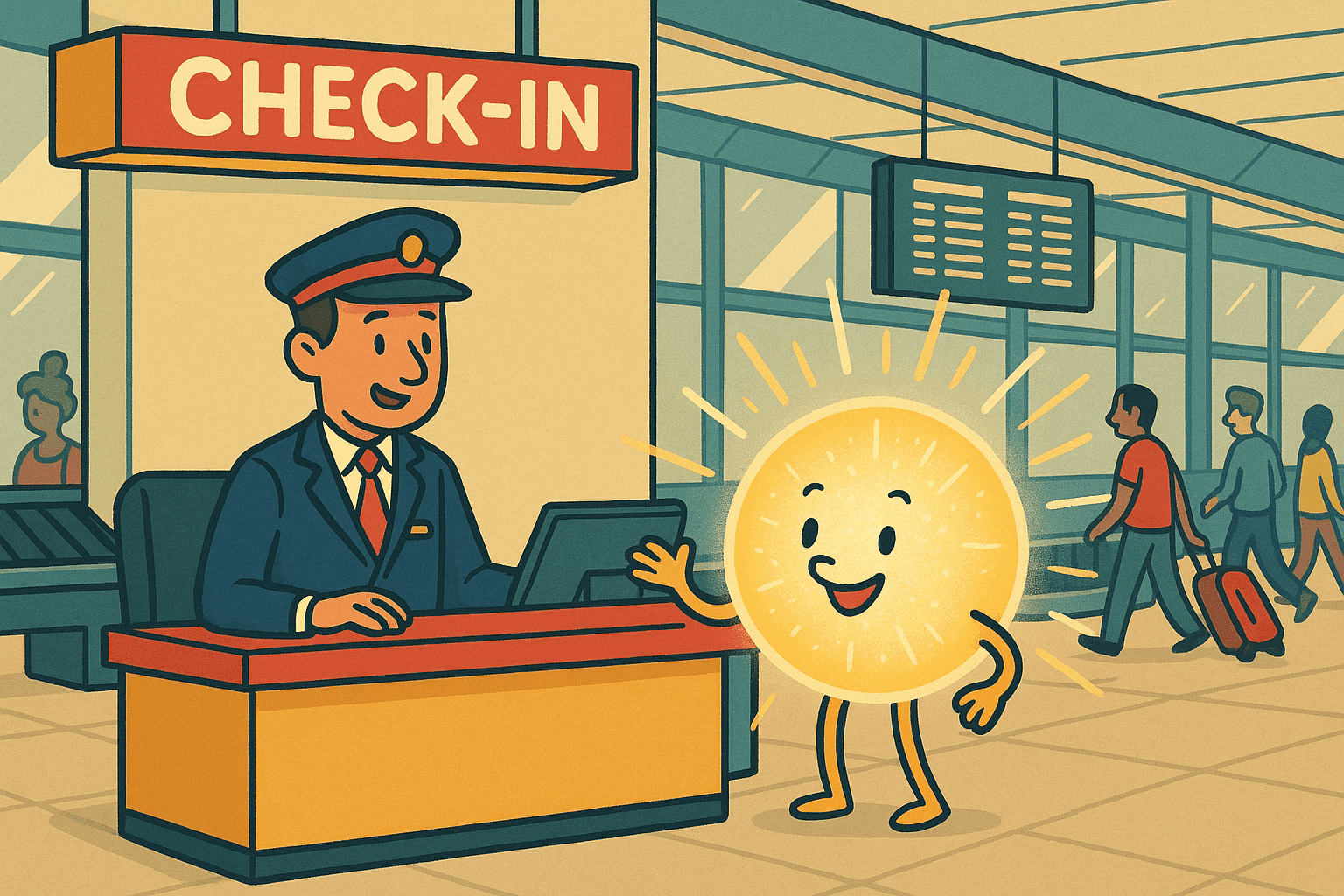 A humorous cartoon illustration of a glowing particle of light with a smiling face standing at an airport check-in counter talking to an airport agent, with luggage conveyor belts and departure signs in the background