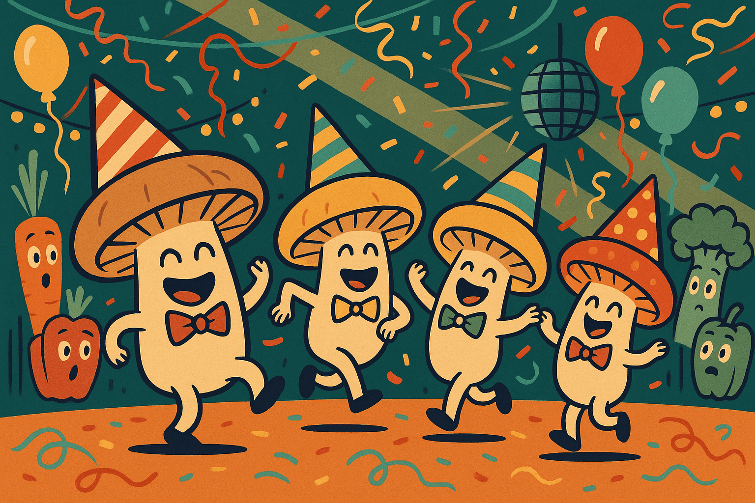 A group of cartoon mushrooms with big smiles wearing party hats and dancing at a lively party, with confetti falling and other vegetables looking amazed at how fun the mushrooms are being