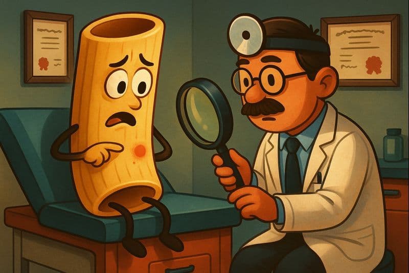 A cartoon ziti pasta character sitting in a dermatologist office looking at a blemish