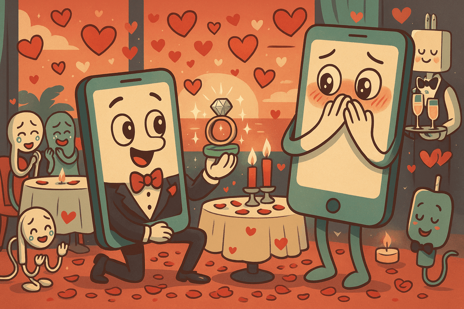 A romantic cartoon phone on one knee proposing with a ring to another phone