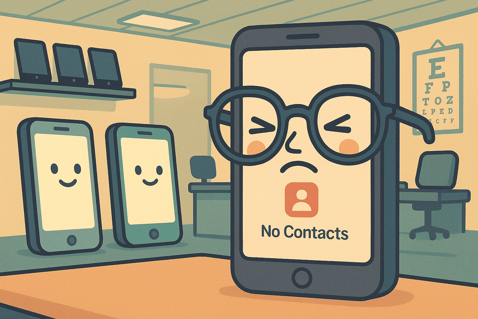 A cartoon smartphone with squinting eyes wearing oversized glasses, looking confused at its empty contacts app screen while other phones with clear vision help it navigate