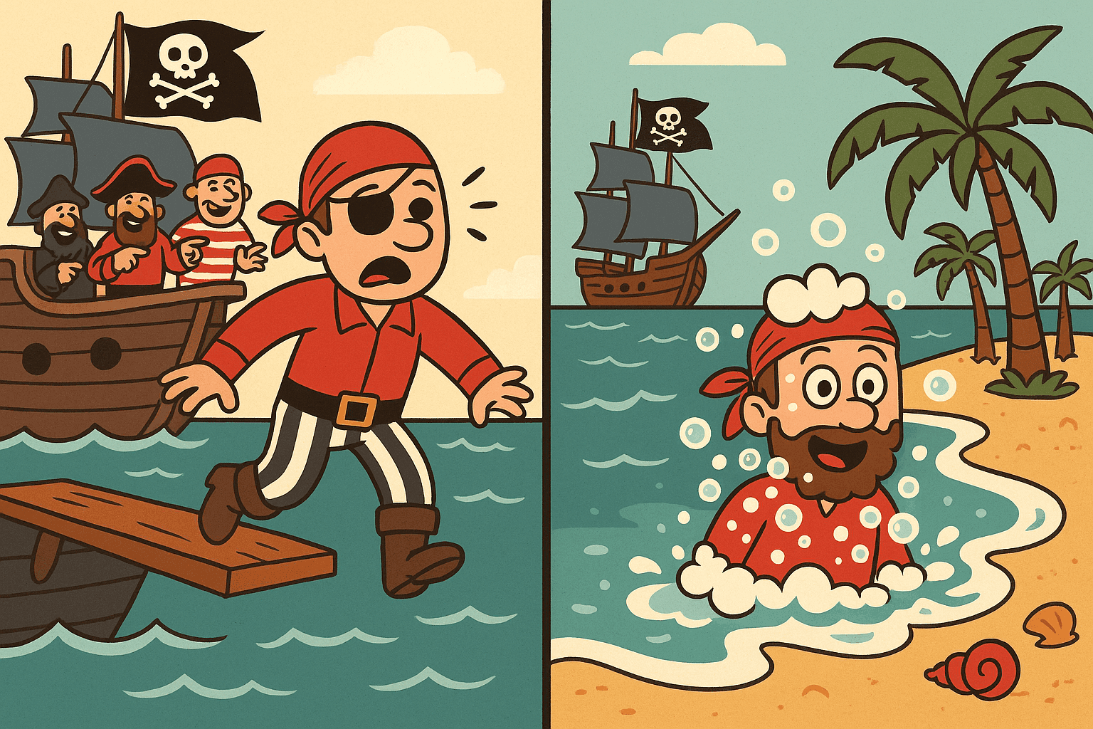A cartoon pirate walking the plank off a ship, then shown washing up on a beach shore with soap bubbles around him, while other pirates on the ship point and laugh at the cleaning pun
