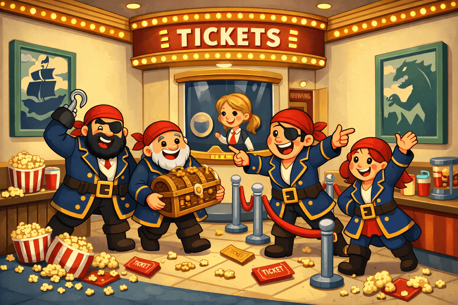Cartoon pirates at a movie theater looking at an R-rated film poster