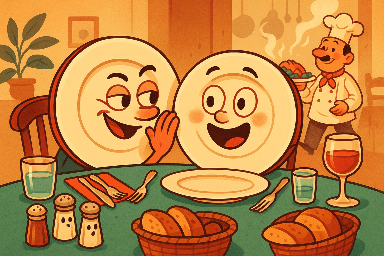Two cartoon dinner plates with faces leaning close together as if whispering secrets on a dining table