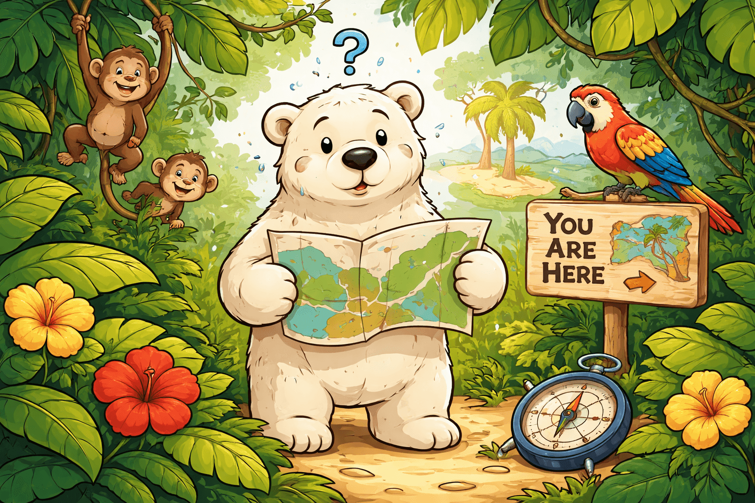 A cartoon polar bear looking confused in a tropical jungle with a map