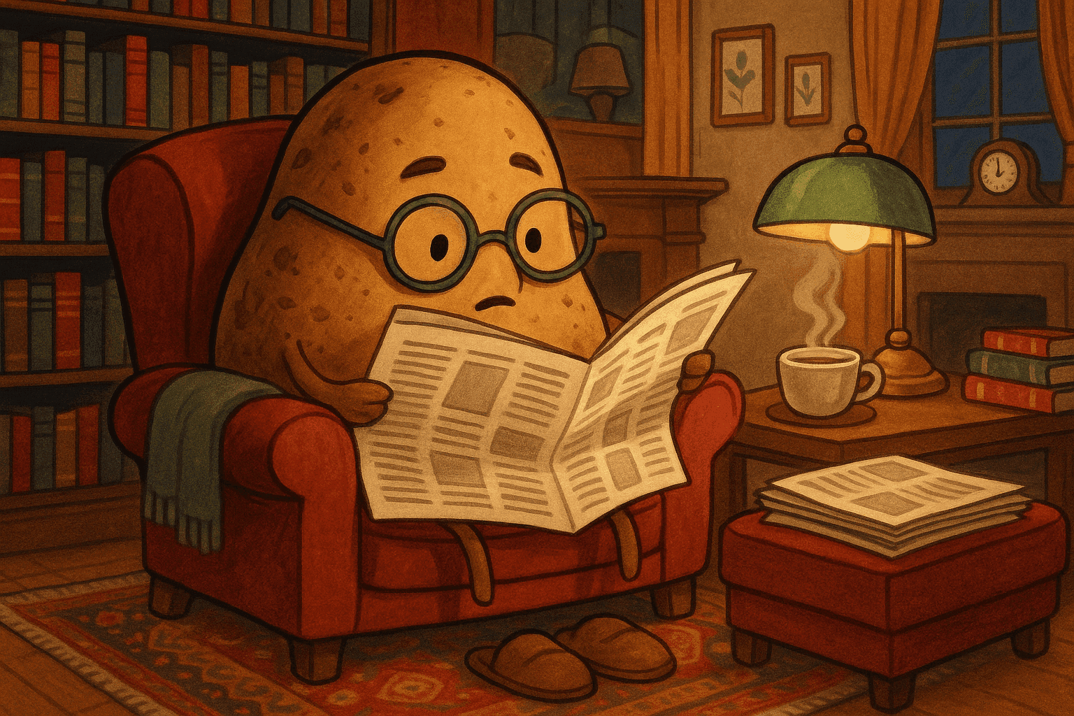 Cartoon illustration of a potato wearing round eyeglasses reading newspaper in cozy armchair, bookshelf and lamp nearby, intellectual vegetable in comfortable living room setting in cream, dark blue-gray, sage green, yellow, and bright red colors