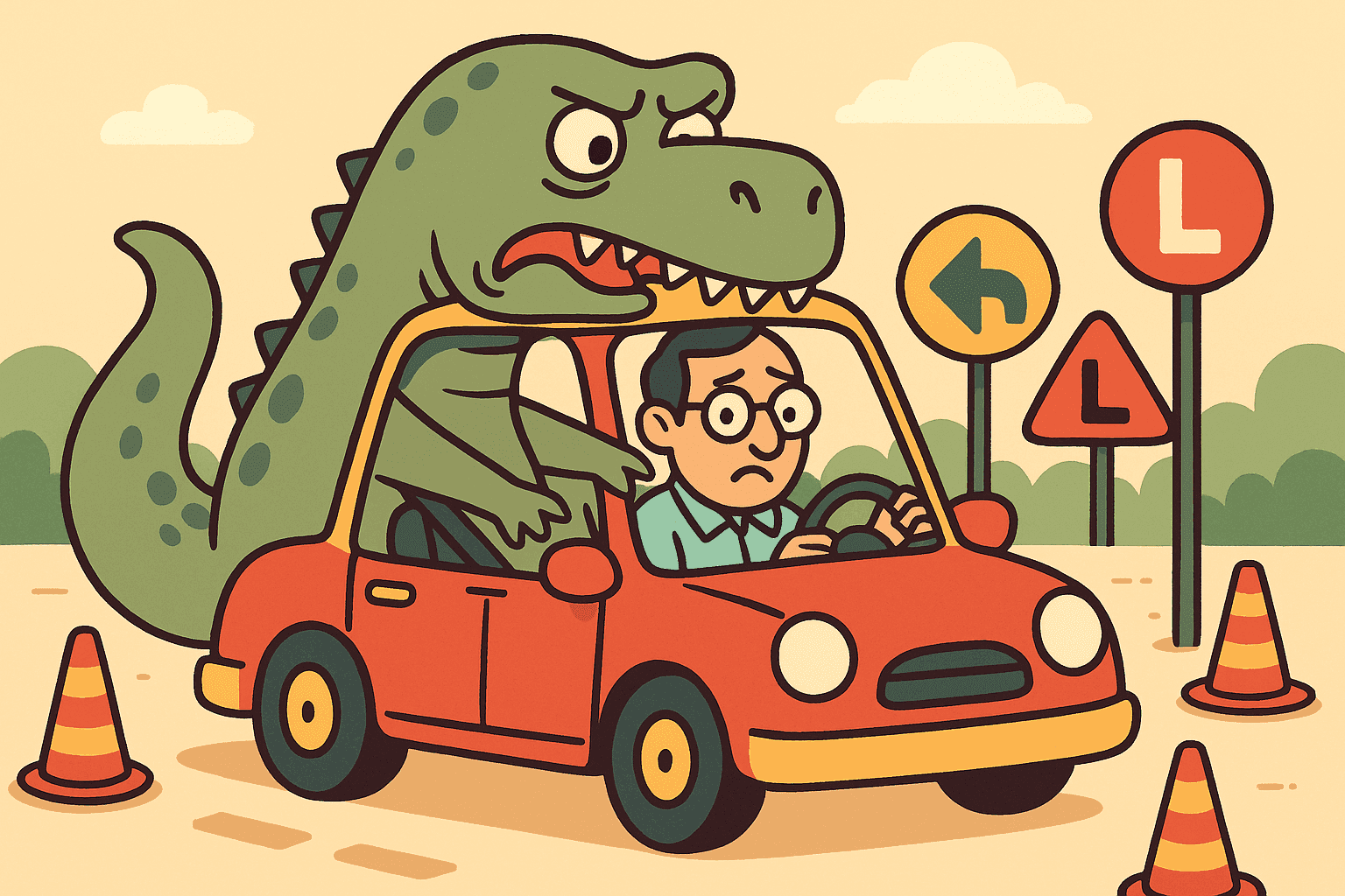 A humorous cartoon illustration of a frustrated T-Rex dinosaur sitting in a car with tiny arms stretched toward the steering wheel but unable to reach it, while a driving instructor with a clipboard sits in the passenger seat looking concerned