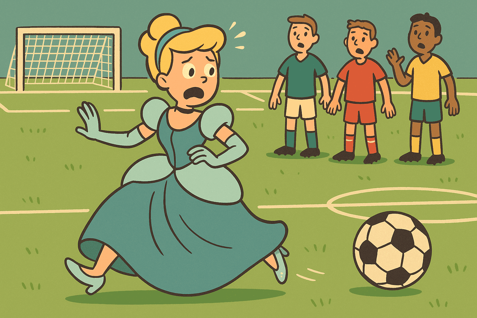 A humorous cartoon illustration of Cinderella in her blue dress and glass slippers running away from a soccer ball on a soccer field, looking panicked while other players watch in confusion