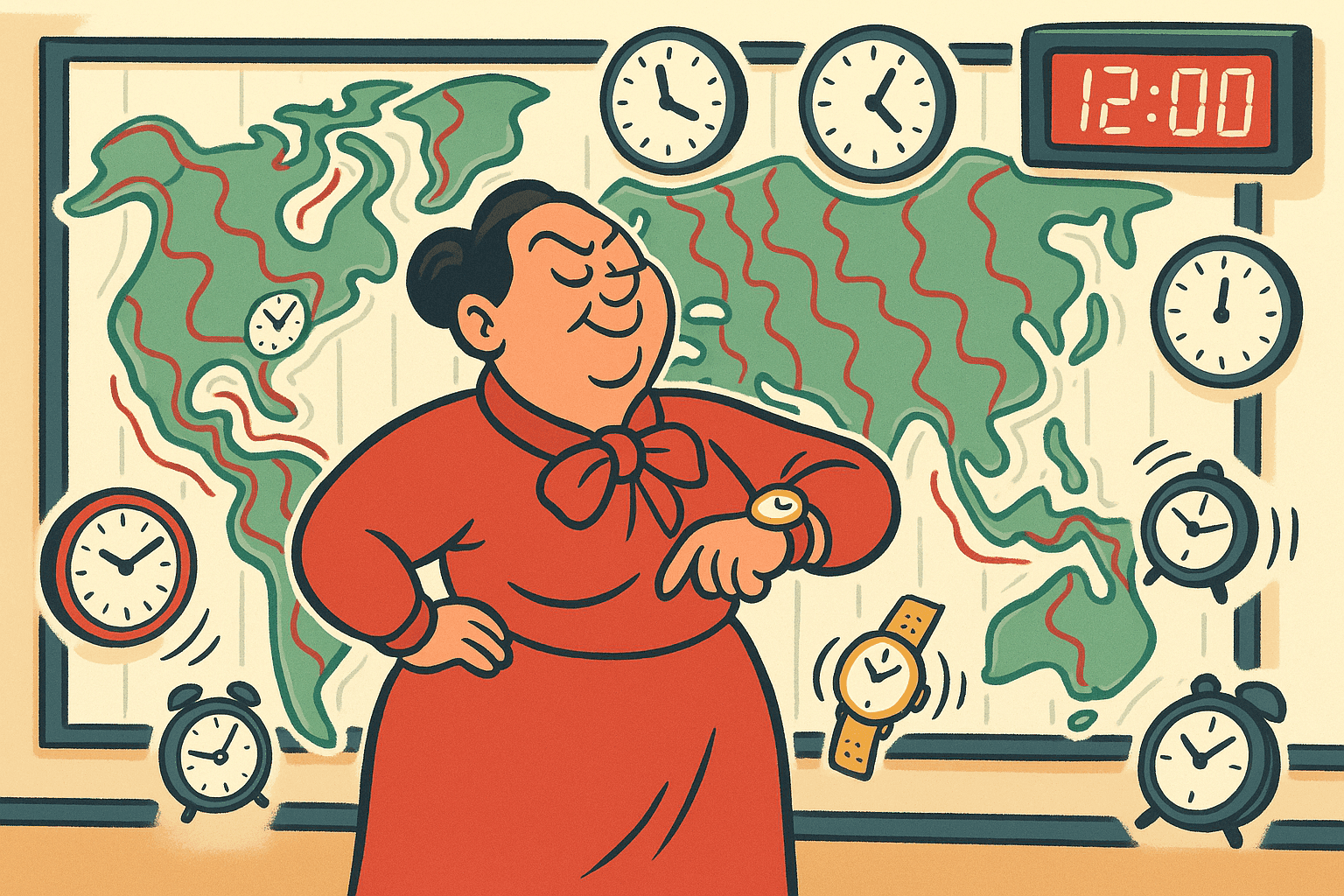 A cartoon mama character with a confident expression checking her watch while a world map in the background shows time zones literally shifting and moving to align with her schedule, with clocks around the globe adjusting