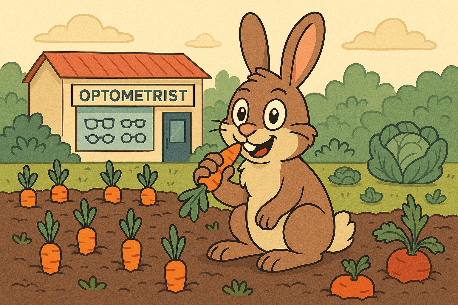 A cartoon rabbit with perfect vision munching on carrots in a garden, while in the background an optometrist's office has a sign saying 'No Rabbit Customers' with glasses displays that remain untouched