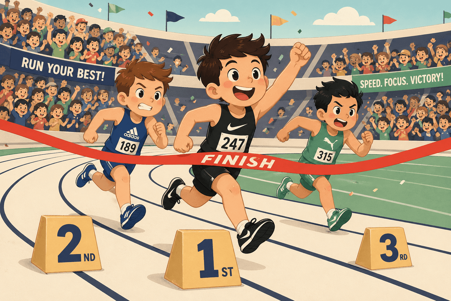 Cartoon runners racing on a track with numbered positions