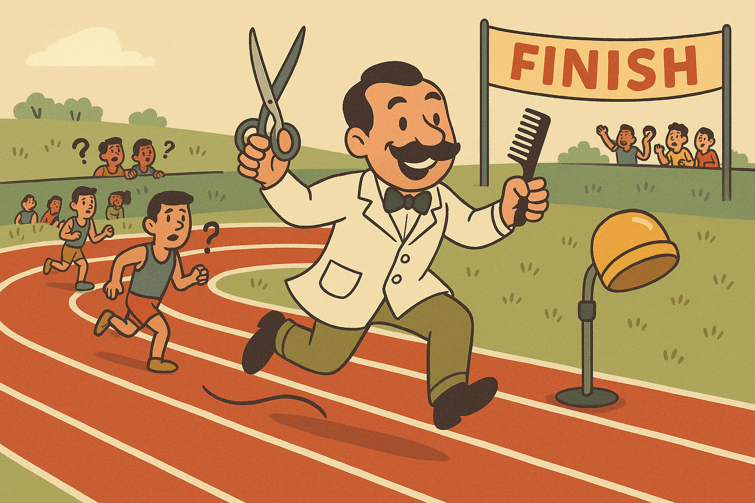 A cartoon barber with scissors and comb running confidently through a race course while taking creative shortcuts through hair salon chairs and past confused runners on a traditional track