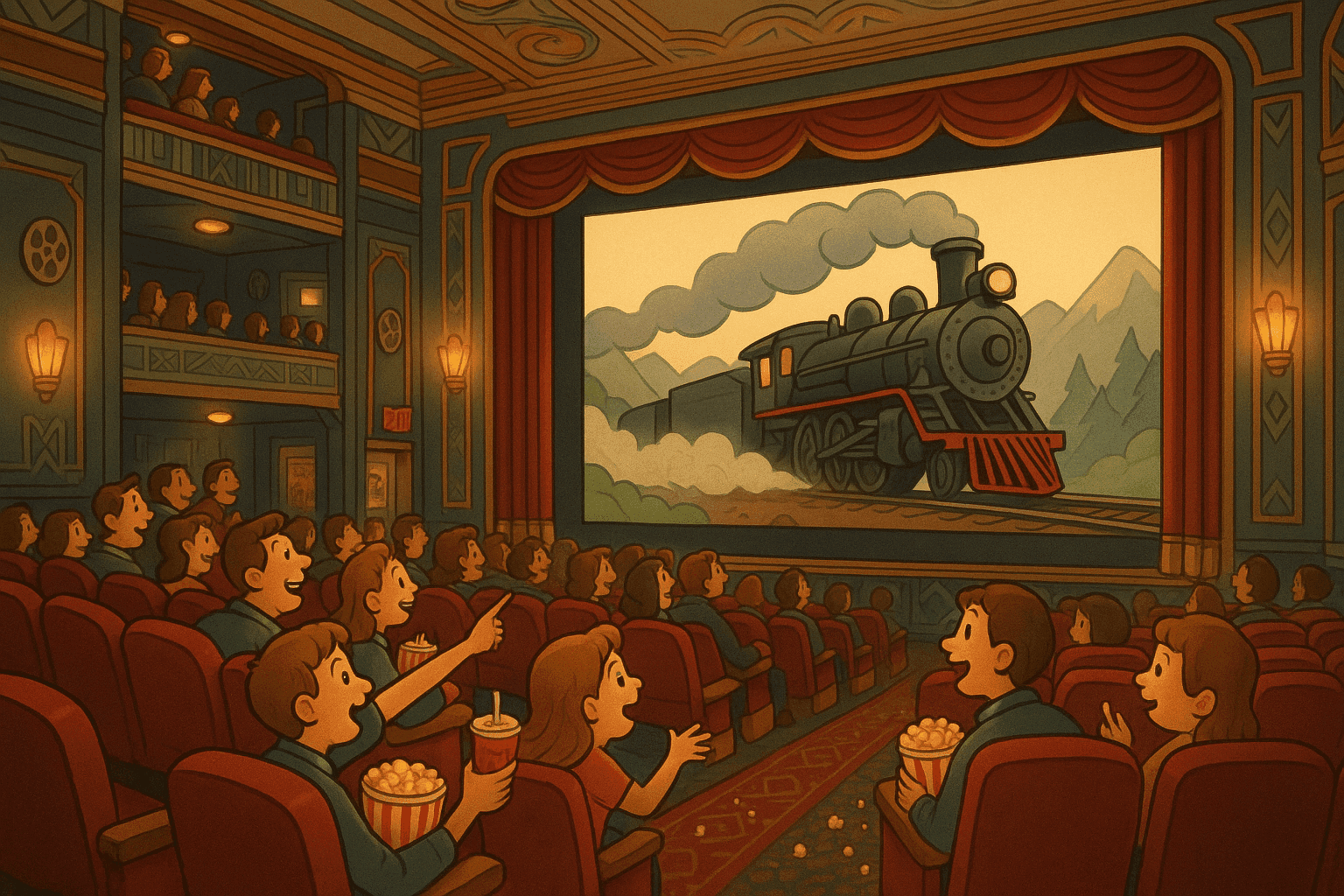 Cartoon illustration of a movie theater screen showing dramatic train scene, audience of excited moviegoers with popcorn watching, vintage cinema interior with art deco design and film reel decorations in cream, dark blue-gray, sage green, yellow, and bright red colors