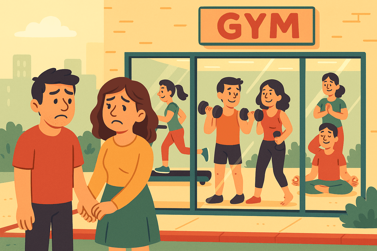 A cartoon couple looking sadly at each other outside a gym entrance, with other happy couples exercising together visible through the windows, while the sad couple walks away hand in hand