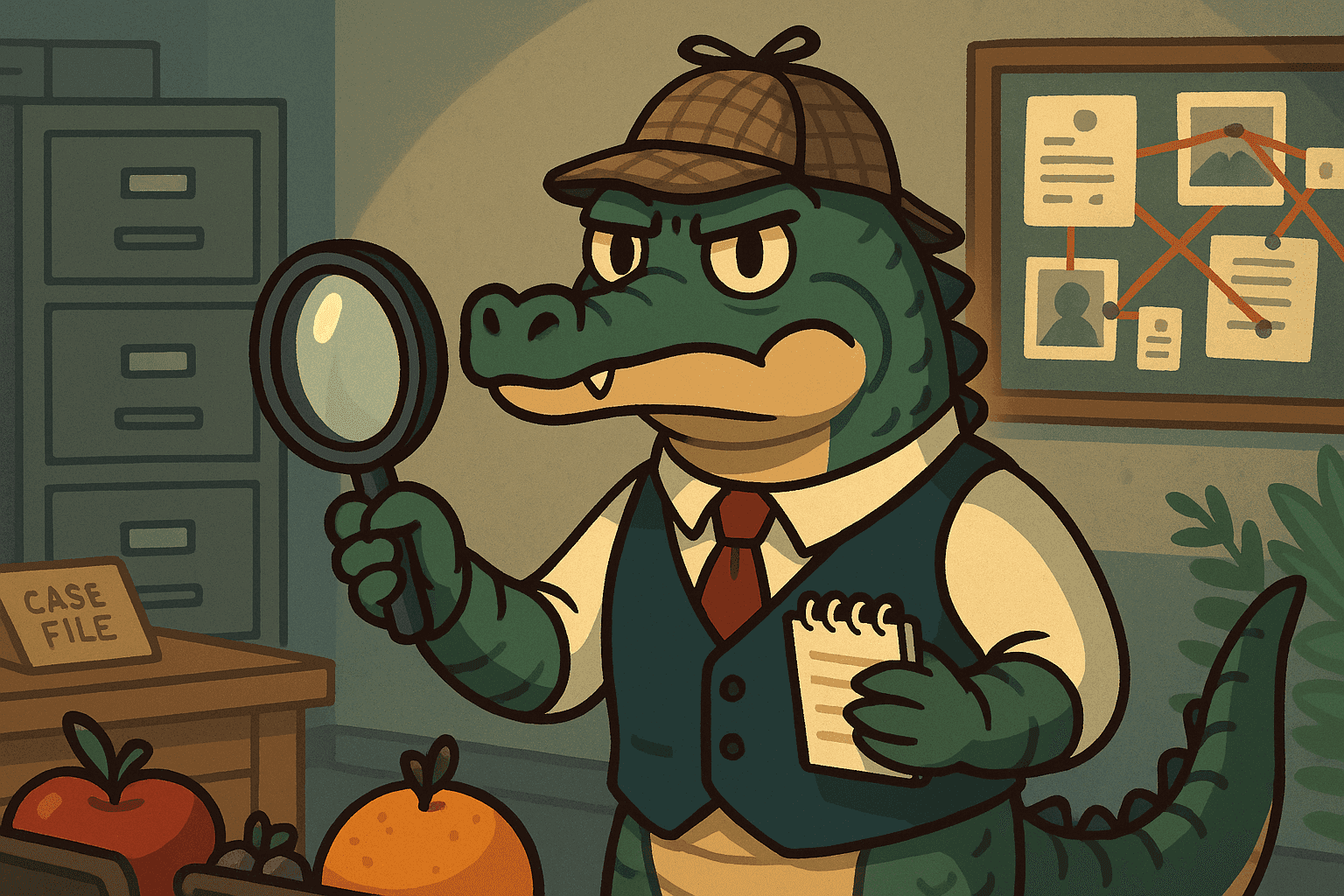 A cartoon alligator wearing a professional vest and detective hat, holding a magnifying glass and notepad, standing confidently like a detective in an office setting with case files scattered around