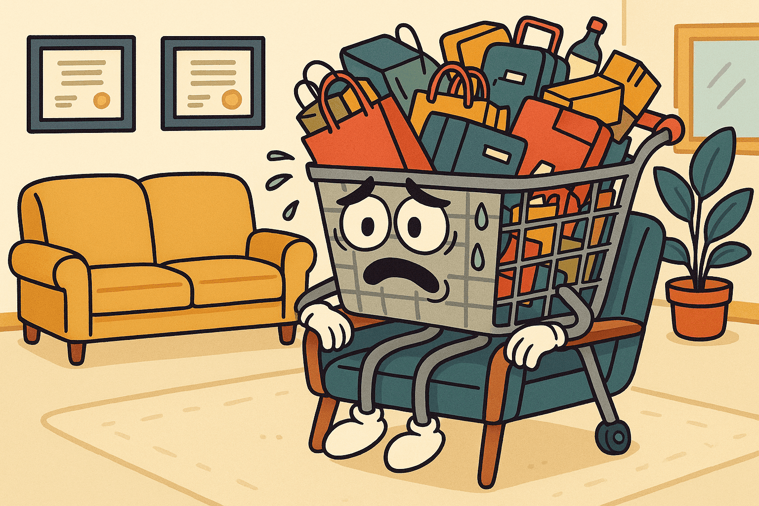 A humorous cartoon illustration of a worried shopping cart with arms, legs, and an overwhelmed expression sitting in a therapy office chair, with multiple shopping bags, suitcases, and packages overflowing from its basket
