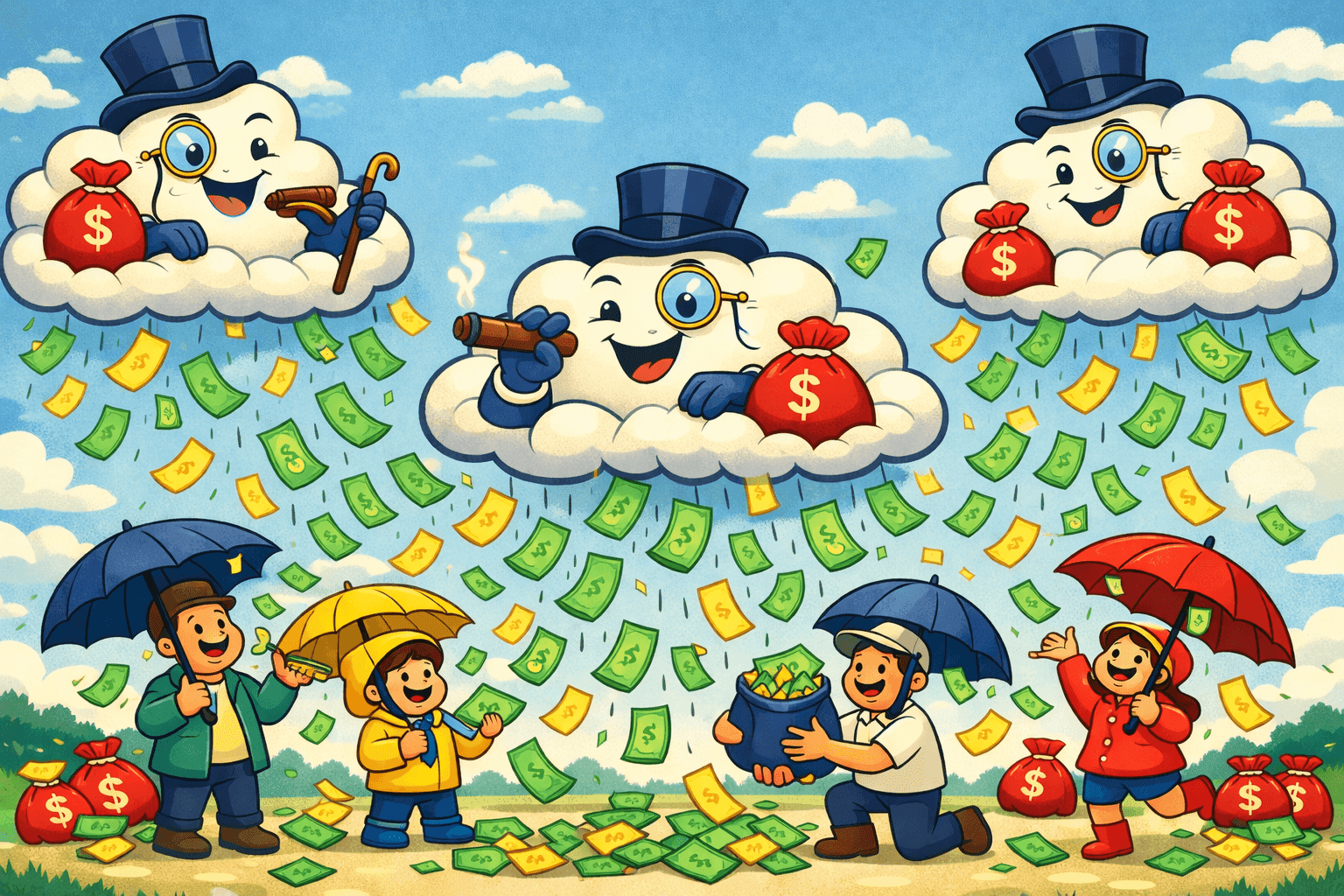 Cartoon clouds wearing top hats and monocles making it rain money