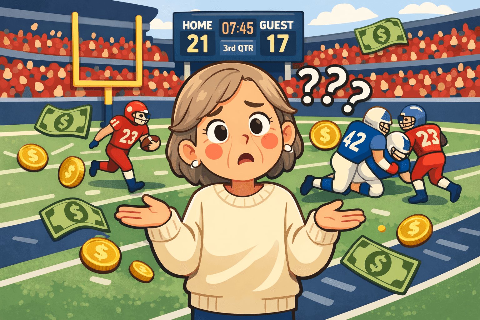 A cartoon person looking confused at a football game with money nearby
