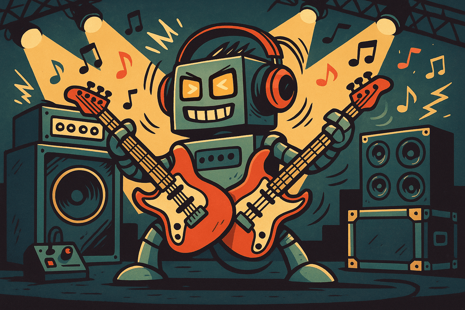 A cartoon robot with headphones rocking out to heavy metal music, with musical notes and sound waves around it, holding electric guitars while standing on a concert stage with amplifiers and metal band equipment