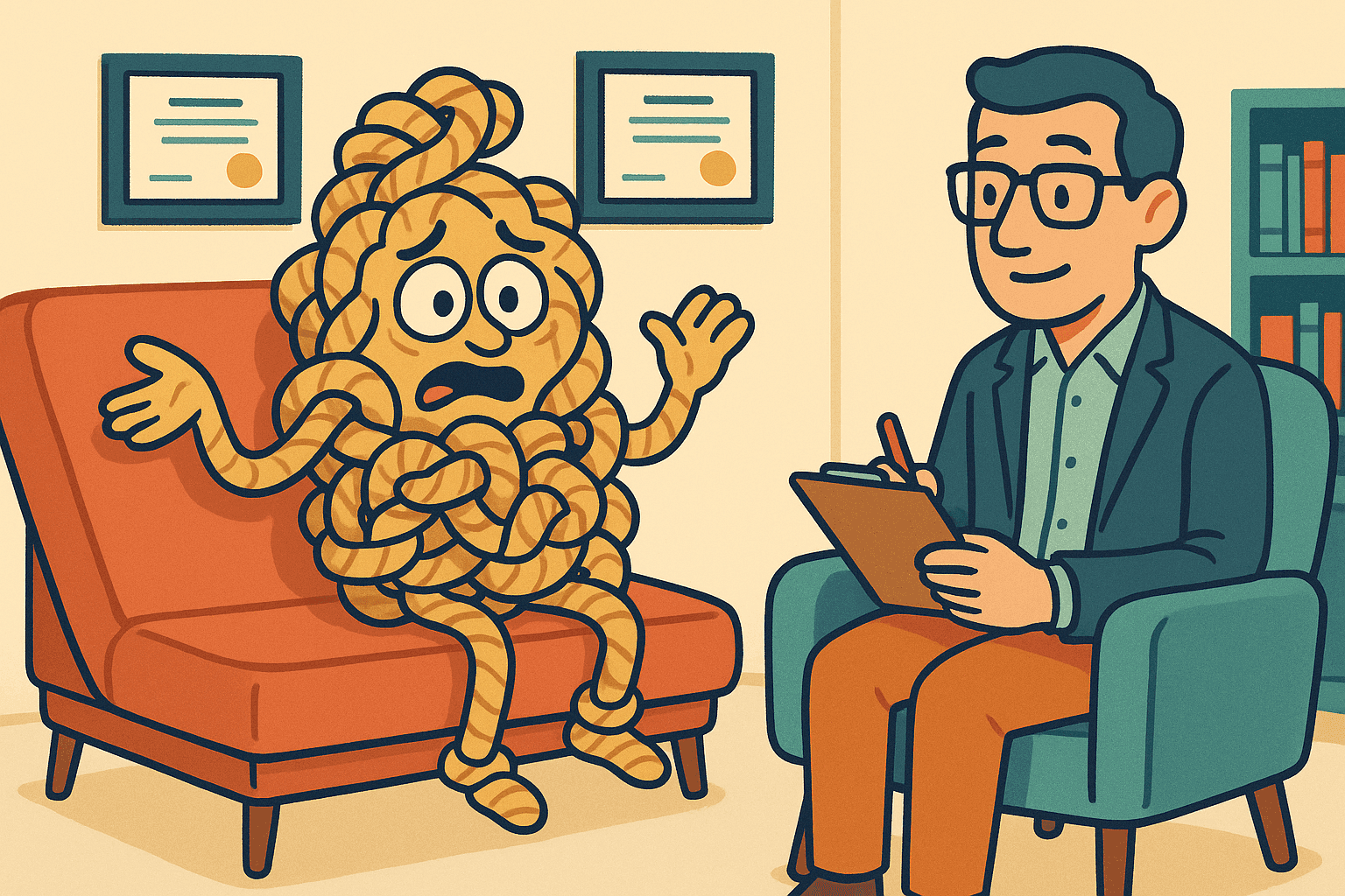 A humorous cartoon illustration of a worried rope with arms and a face covered in multiple knots sitting on a therapy couch, talking to a therapist who's holding a clipboard and looking concerned