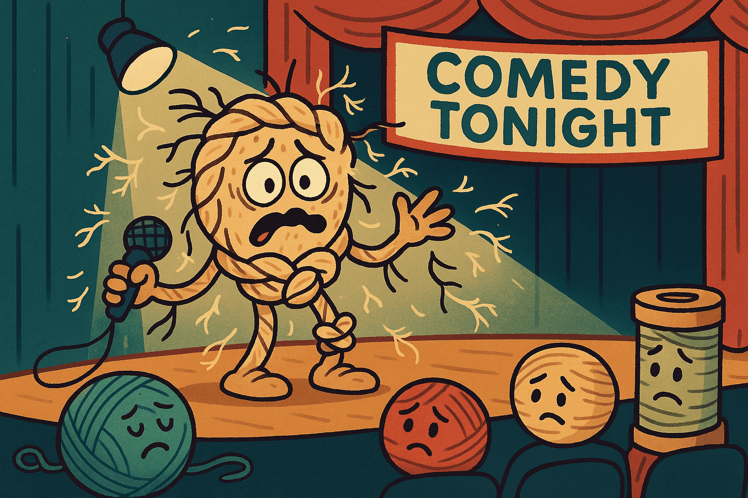 A cartoon rope character looking nervous and frayed at the edges with a worried expression