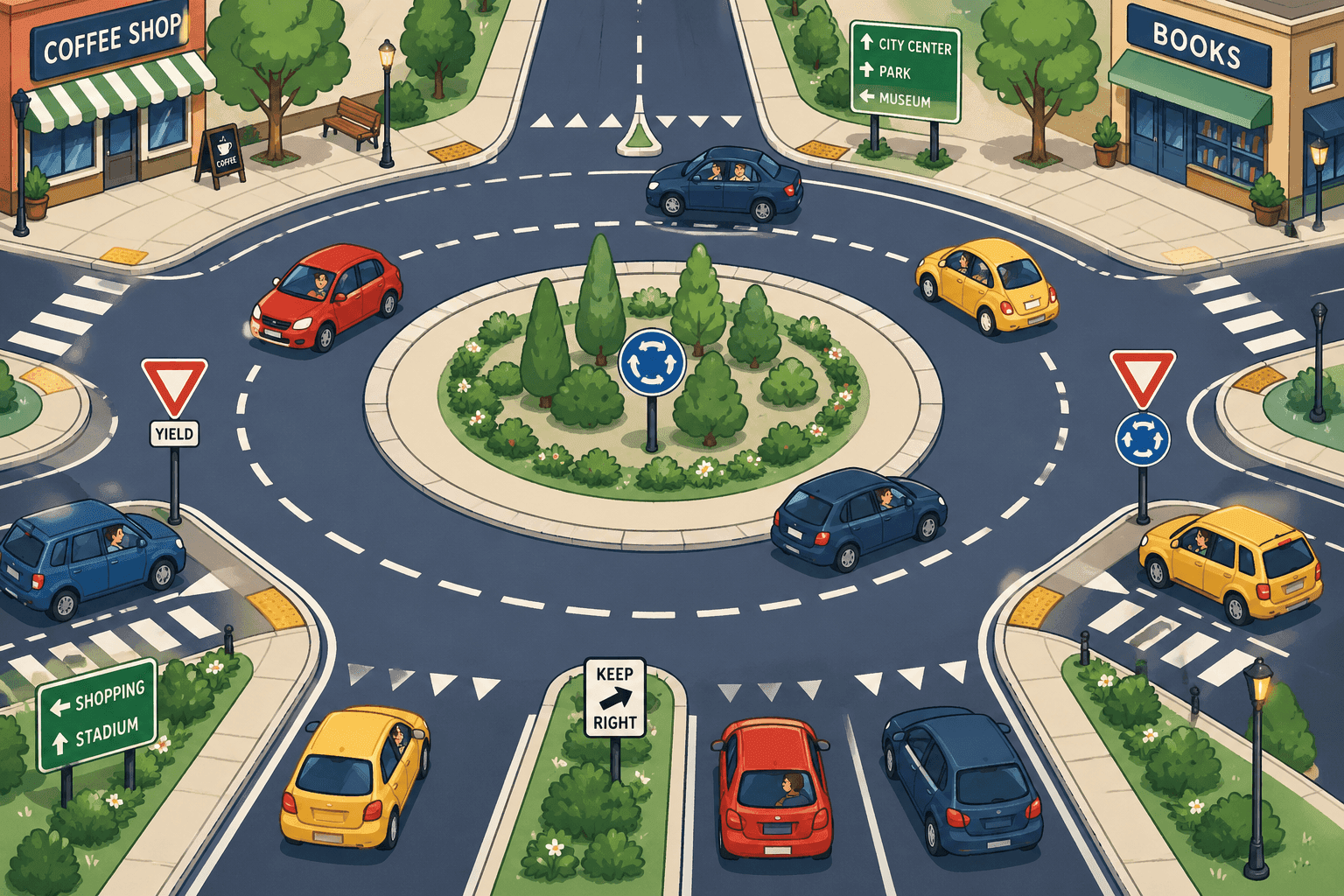 A cartoon circular traffic roundabout with cars driving around it