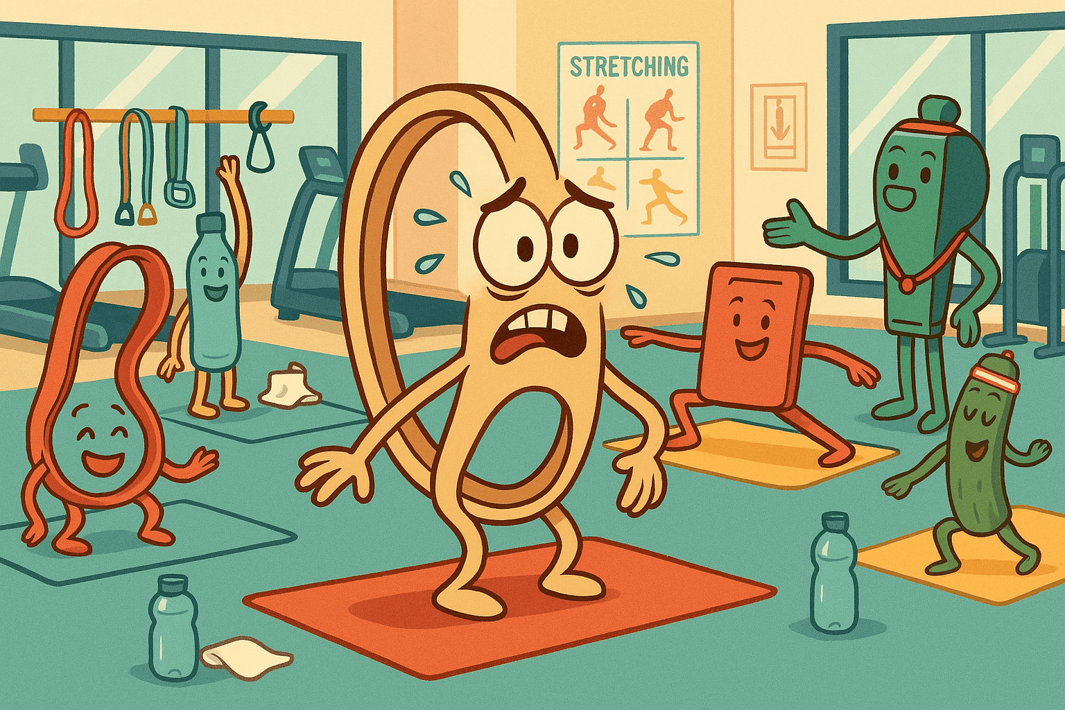 Cartoon illustration of a nervous rubber band with a worried expression at a gym, looking anxiously at exercise equipment and yoga mats
