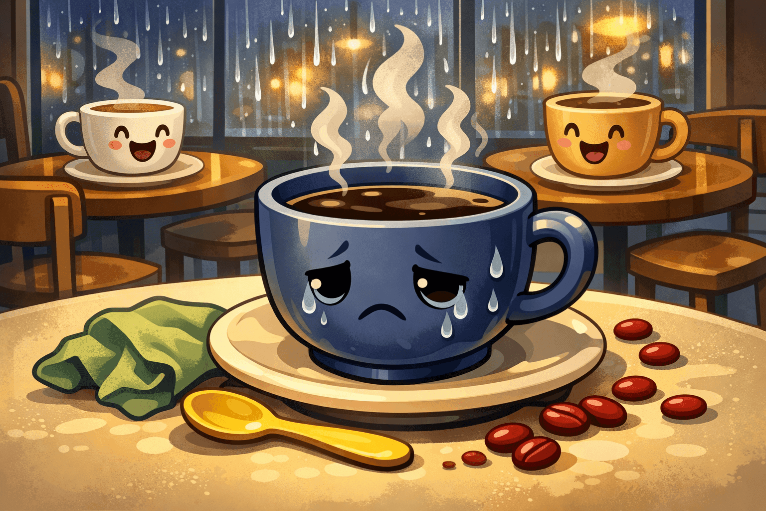 A cartoon coffee cup with a sad, tired expression