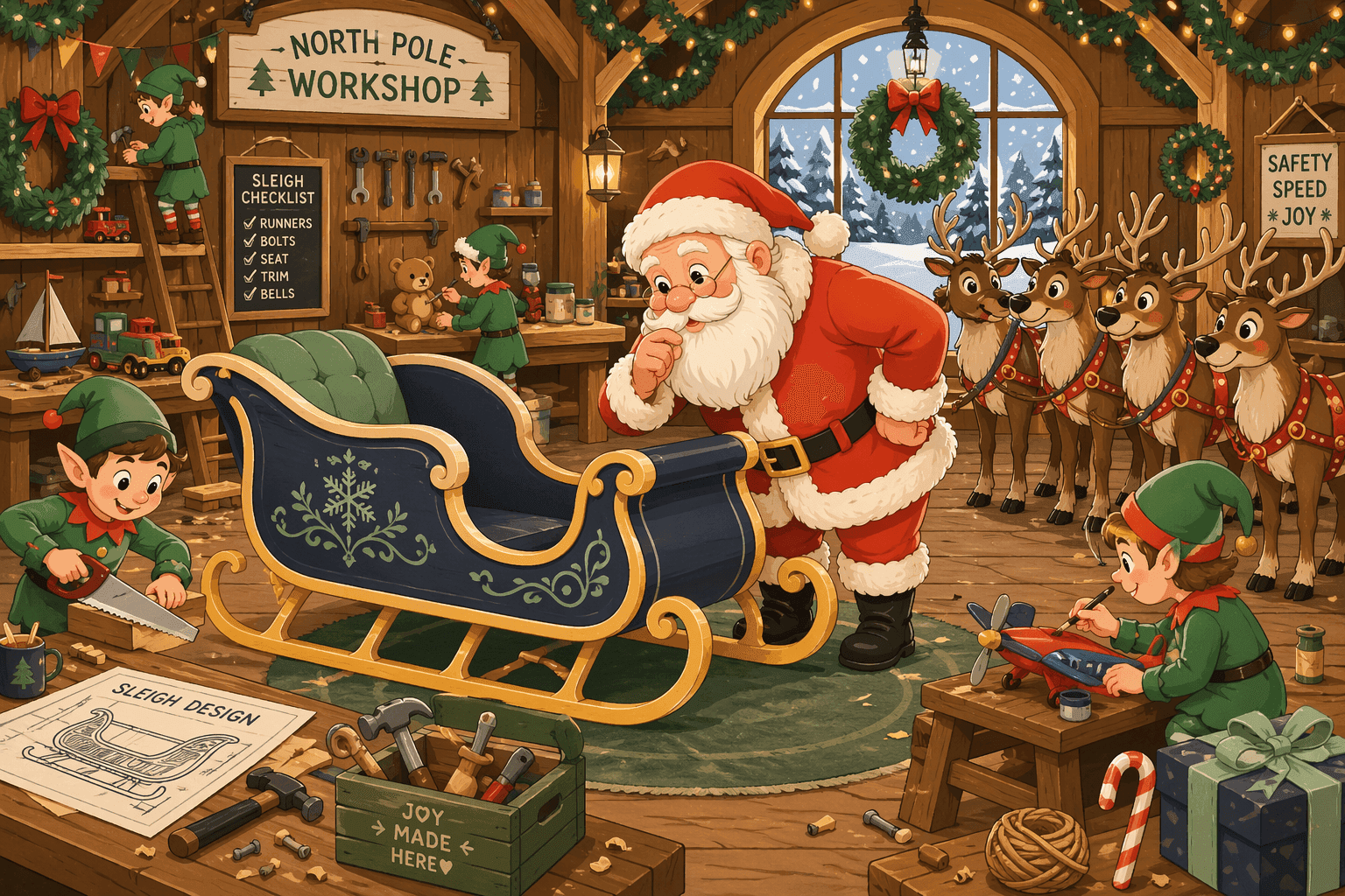 A cartoon Santa examining a sleigh with reindeer nearby