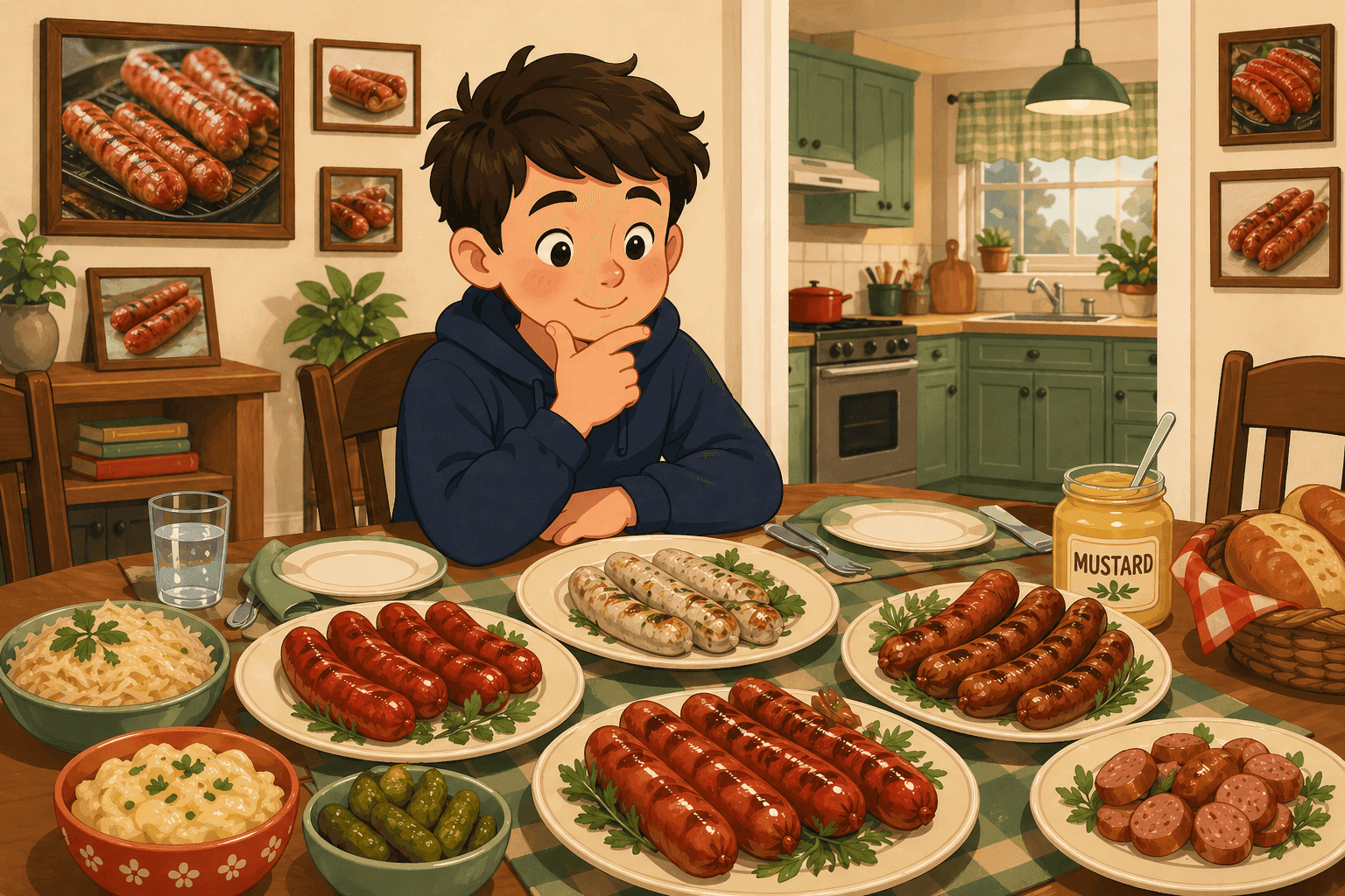 A cartoon person at a dining table with various sausages displayed