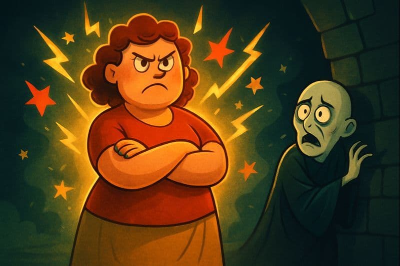A cartoon scary mom with Voldemort looking frightened in the background covering his eyes