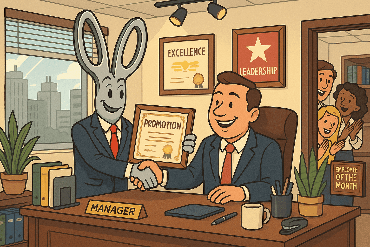 Cartoon illustration of personified scissors in business suit receiving promotion certificate from boss, office setting with desk and motivational posters, corporate workplace in cream, dark blue-gray, sage green, yellow, and bright red colors
