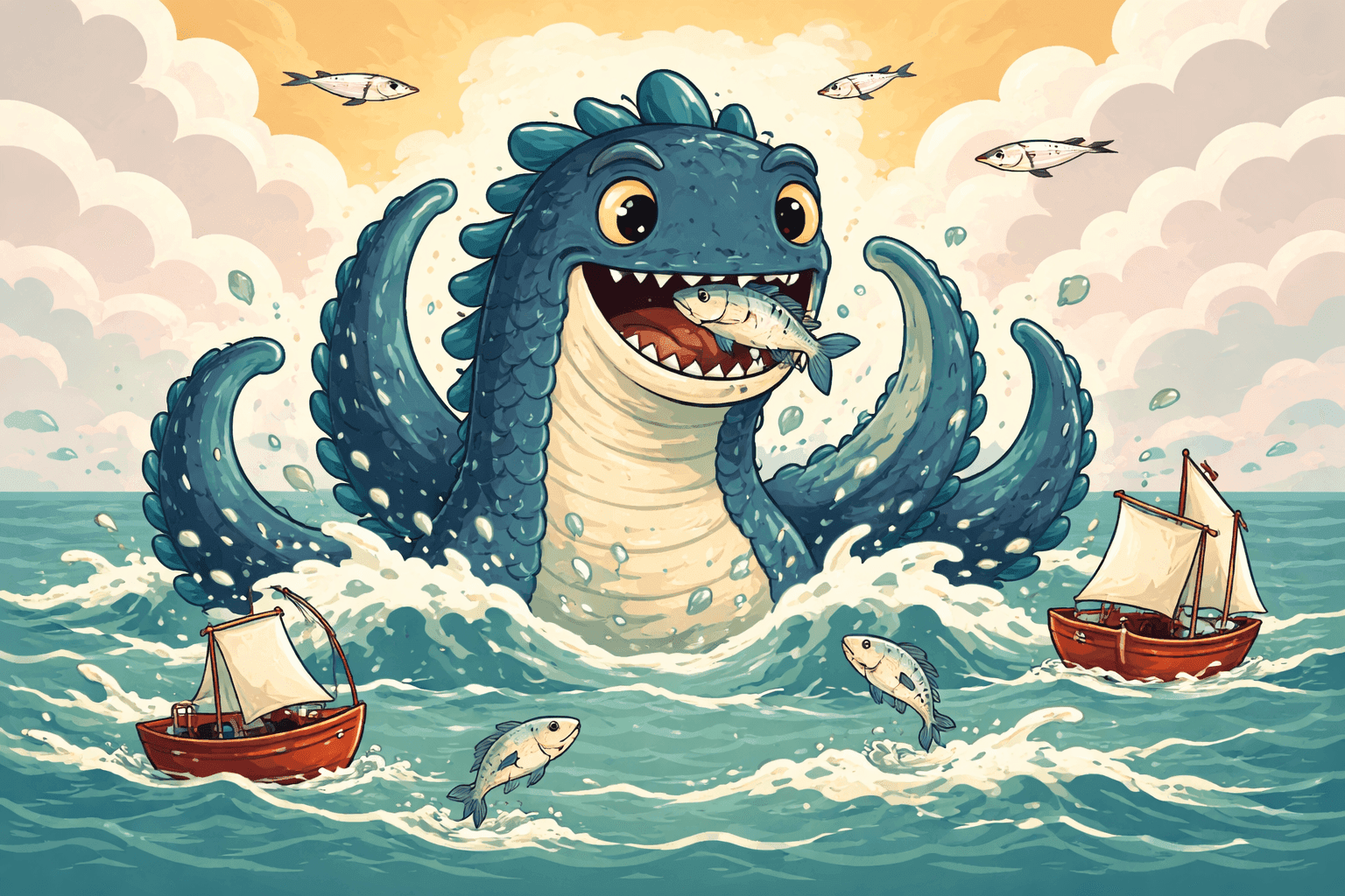 A cartoon sea monster emerging from waves near vessels
