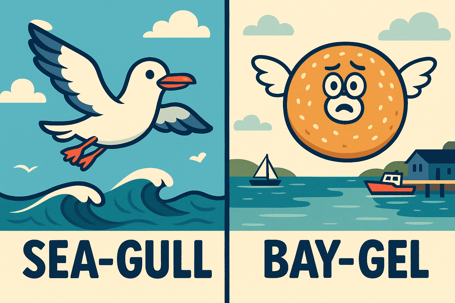 A cartoon seagull flying over ocean waves on one side, while on the other side a bagel with wings flies over a peaceful bay, creating a visual pun with the wordplay