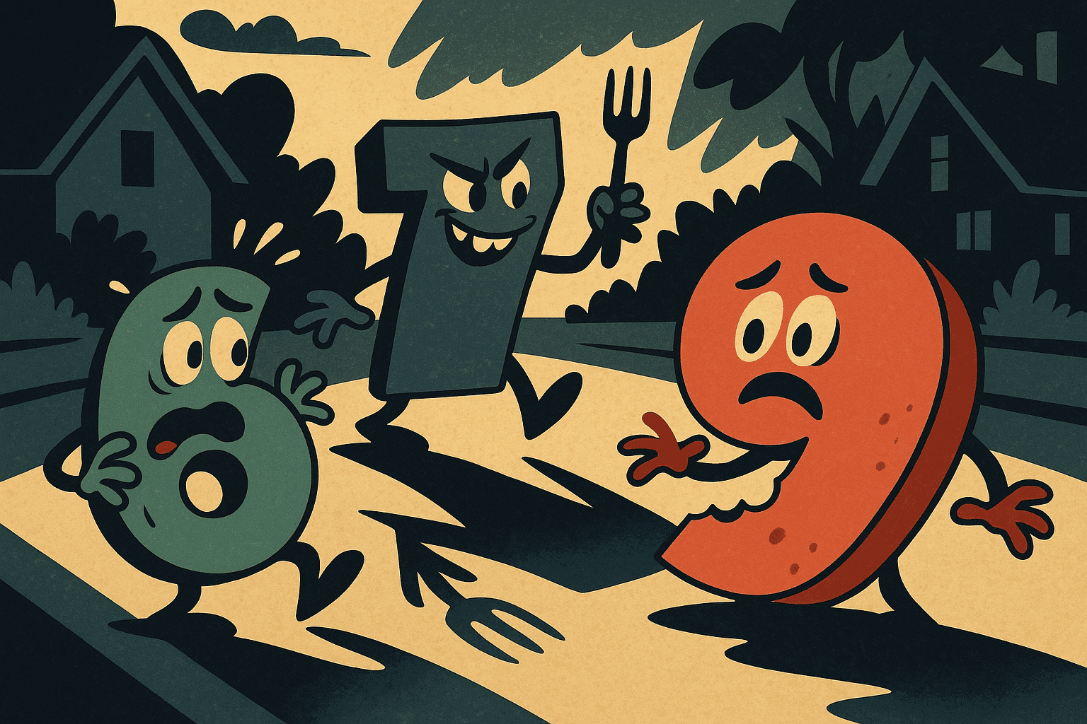 A scared cartoon number six hiding from number seven who looks mischievous, with number nine nowhere to be found