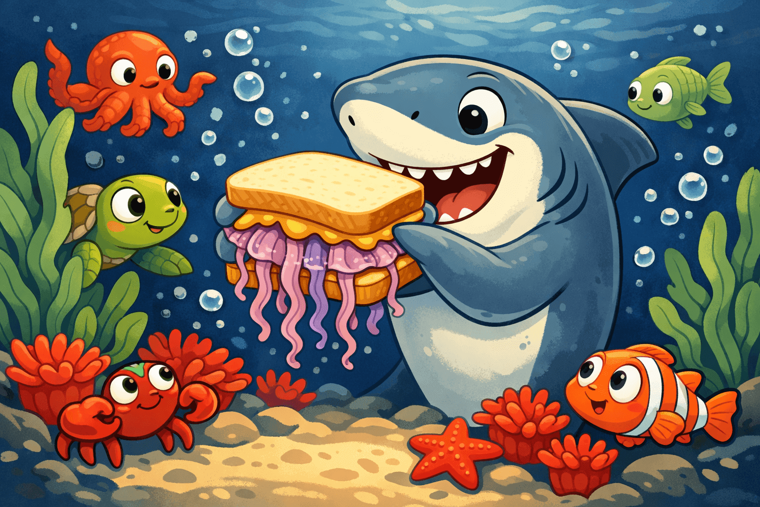 A cartoon shark holding a sandwich with jellyfish instead of jelly