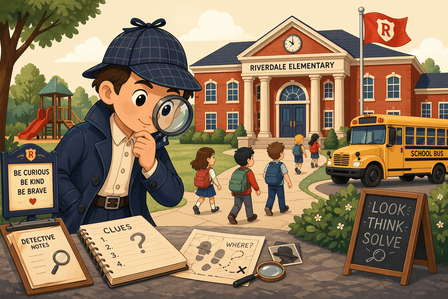 A cartoon detective with magnifying glass near a school building