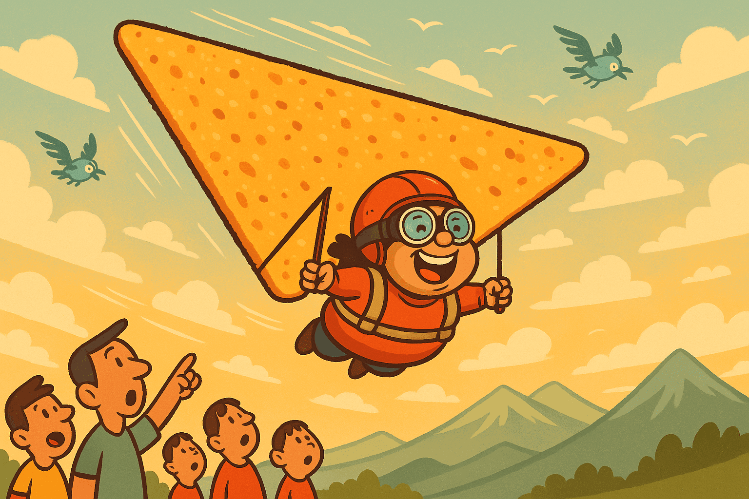 A cartoon character hang gliding with a Dorito chip as their glider wing in a blue sky