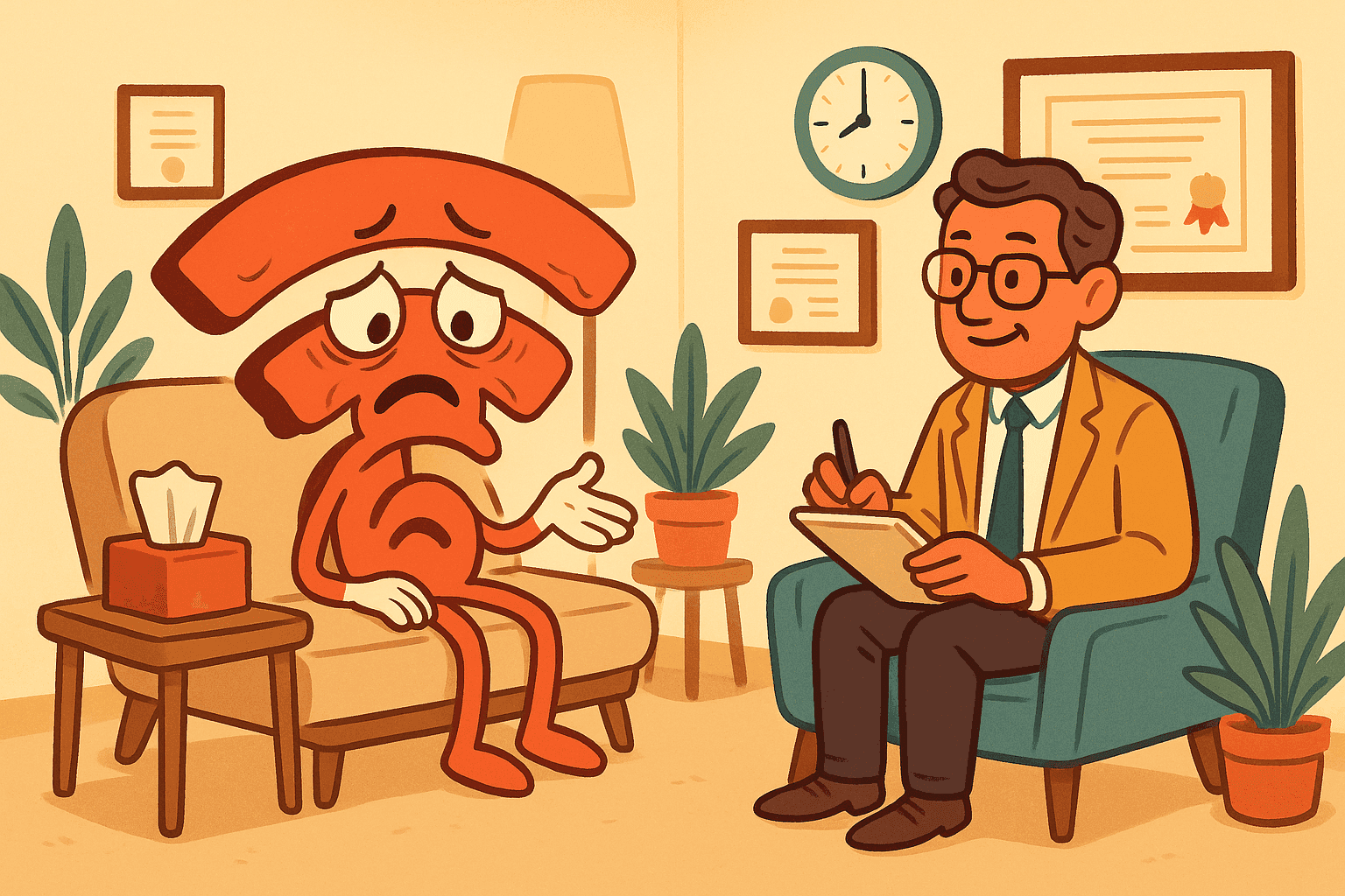 Cartoon illustration of a sad Wi-Fi symbol with a worried expression sitting on a therapy couch, with a therapist taking notes, set in a cozy counseling office