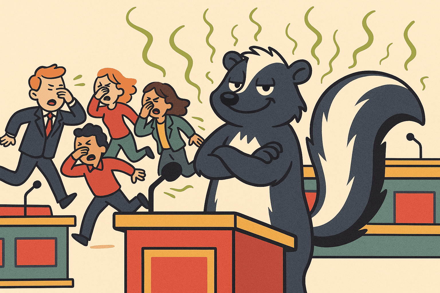 A humorous cartoon illustration of a confident skunk with arms crossed standing in a debate setting while people in the background cover their noses and run away, with stink lines wafting through the air