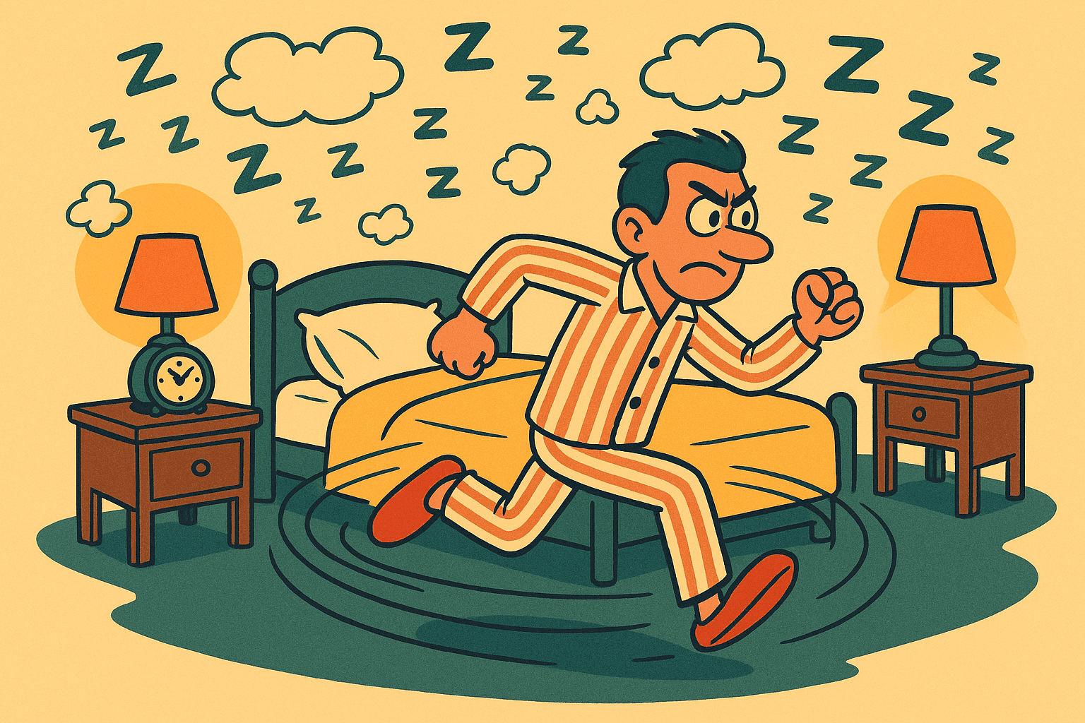 A cartoon man in pajamas energetically running in circles around his bed with a determined expression, while Z's and sleep symbols float around the bedroom scene