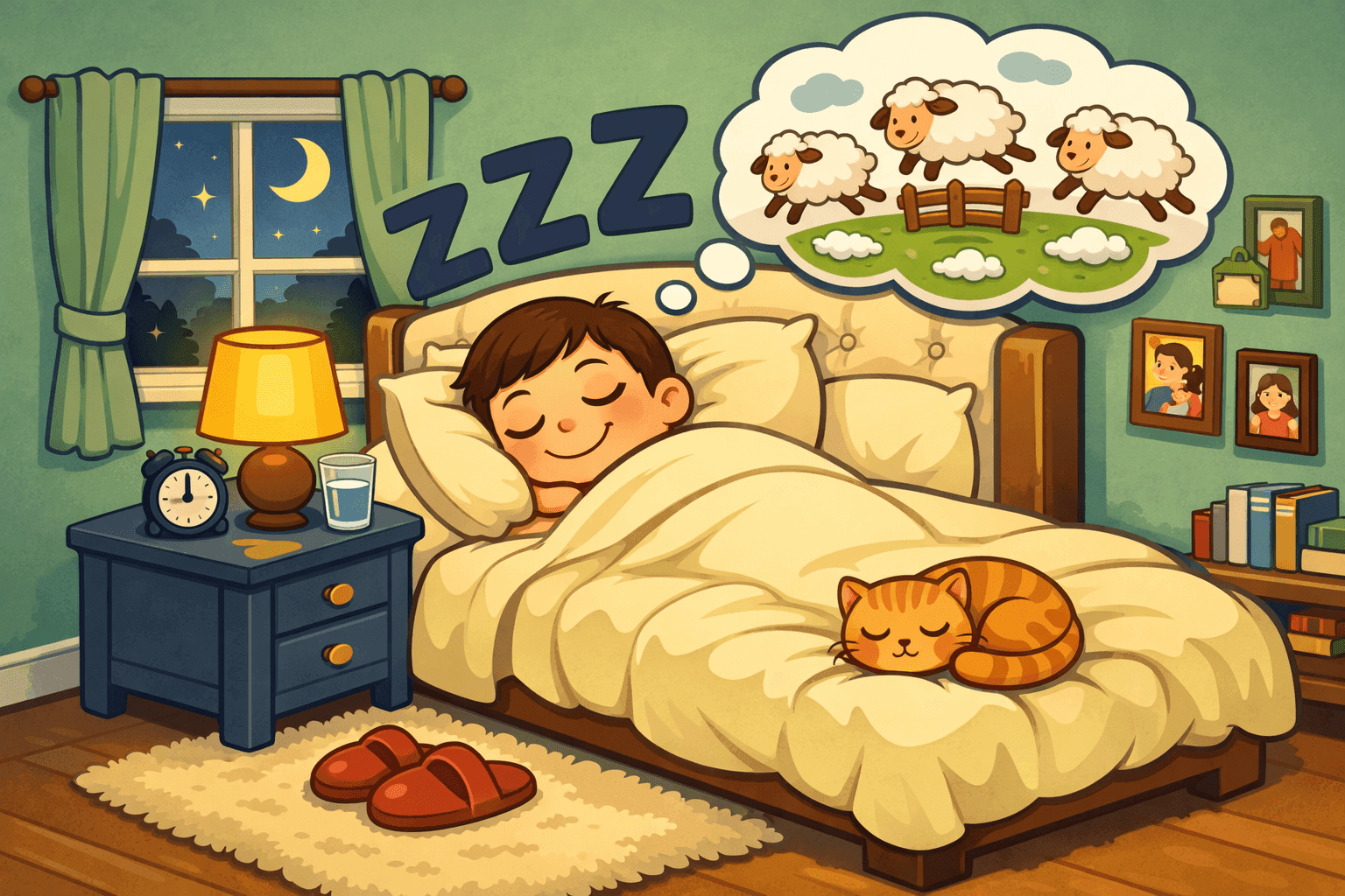 A cartoon person sleeping peacefully in bed with closed eyes and Zzz symbols