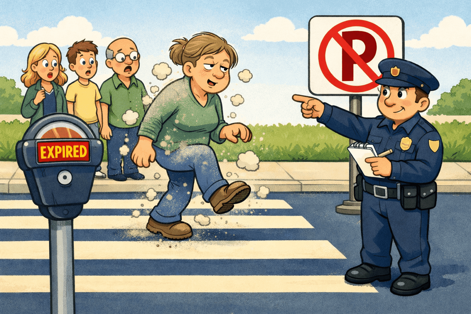 A cartoon person crossing a street so slowly a parking officer gives them a ticket