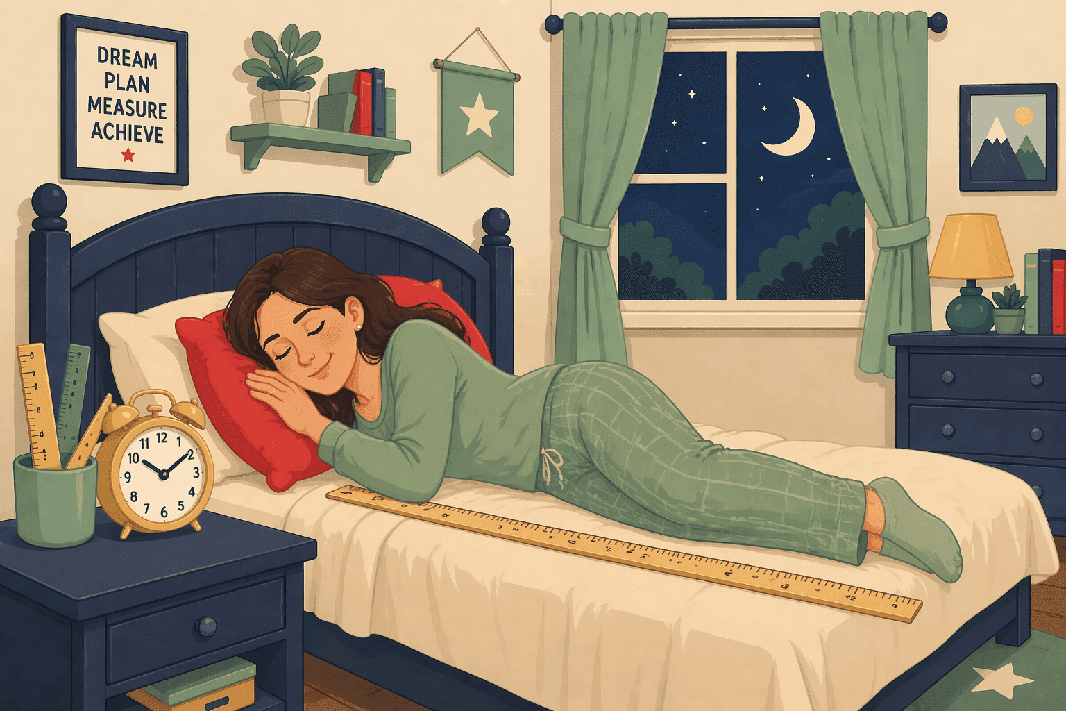 A cartoon person sleeping peacefully in bed with a clock nearby