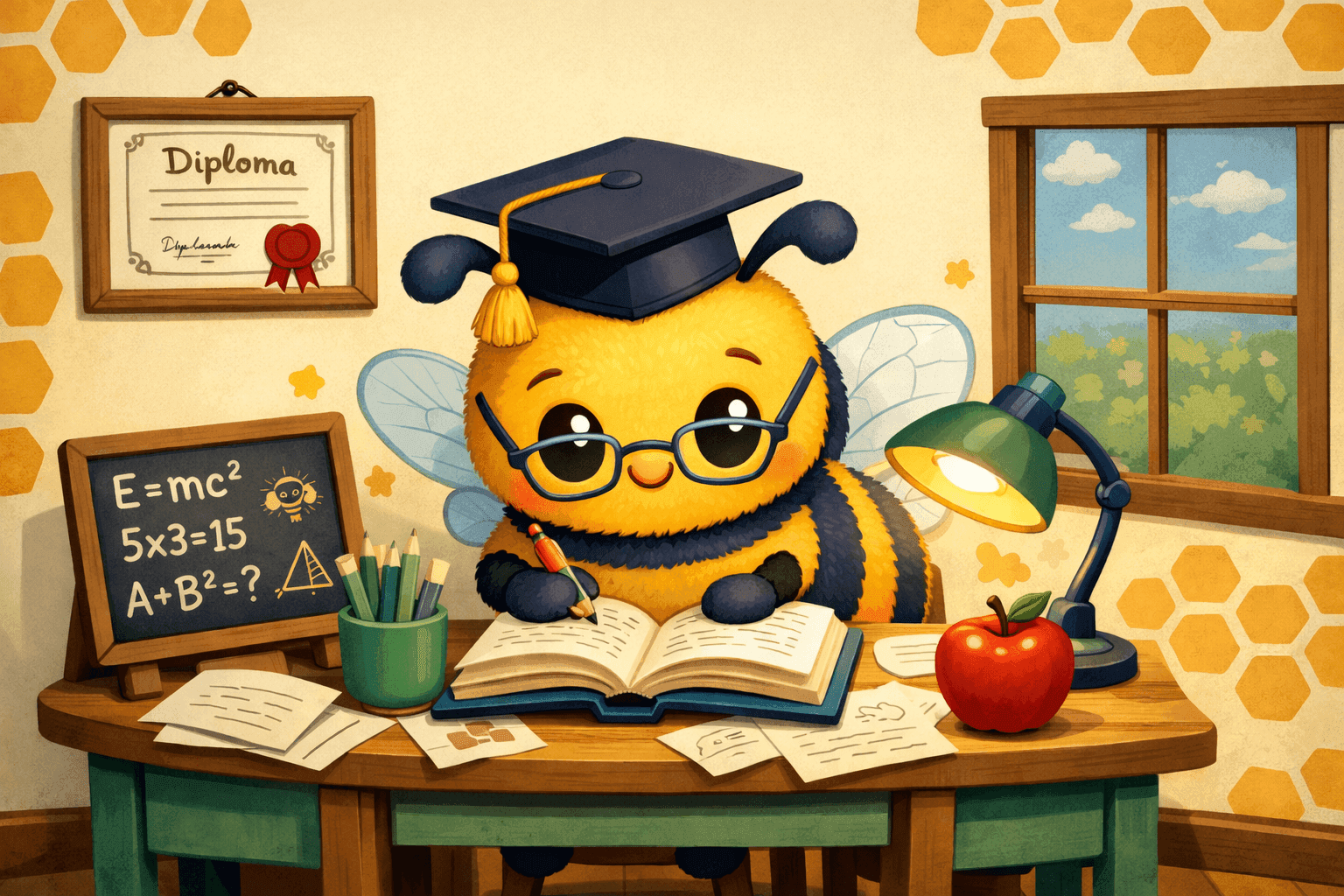 A cartoon bee wearing graduation cap holding books